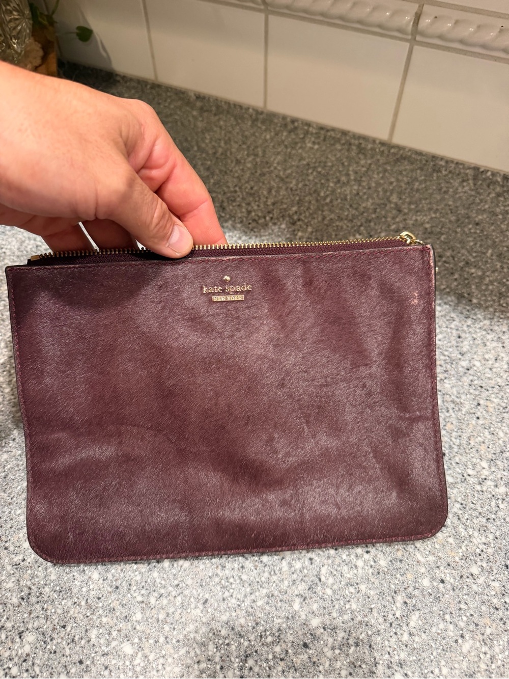 Kate Spade Maroon Cow Hide Zip Pouch with Gold Hardware